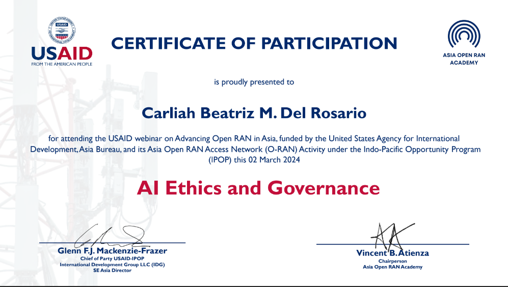Certificate of AI Ethics and Governance from ASIA OPEN RAN ACADEMY: CERTIFICATE OF PARTICIPATION